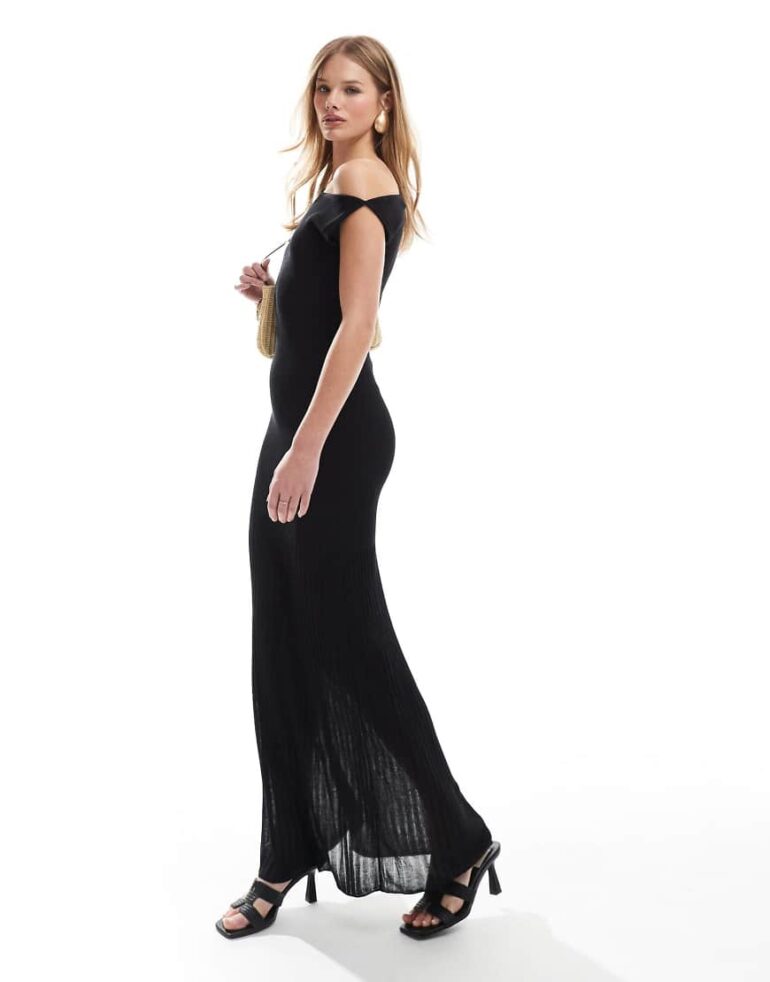 4th & Reckless fine ribbed knit off shoulder sheer skirt maxi dress in black