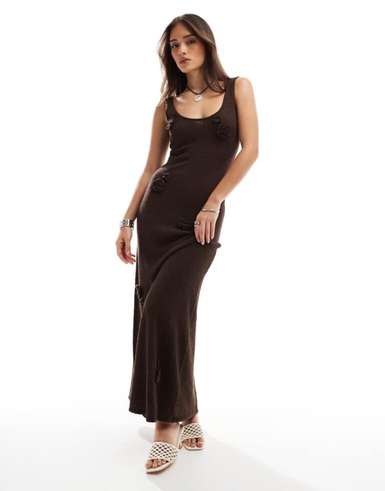 4th & Reckless knitted crochet flower detail maxi dress in brown