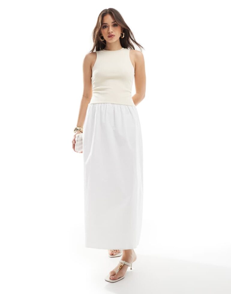 4th & Reckless racerneck contrast drop waist maxi dress in beige and white-Neutral