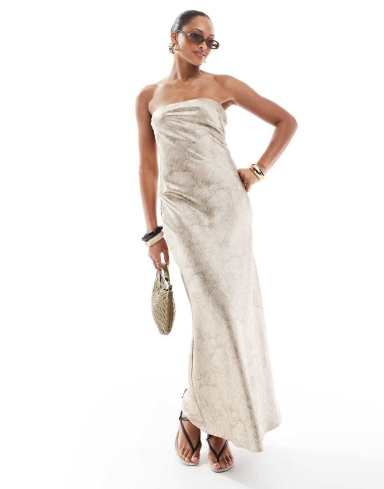 4th & Reckless satin bandeau maxi dress in beige marble print-Multi