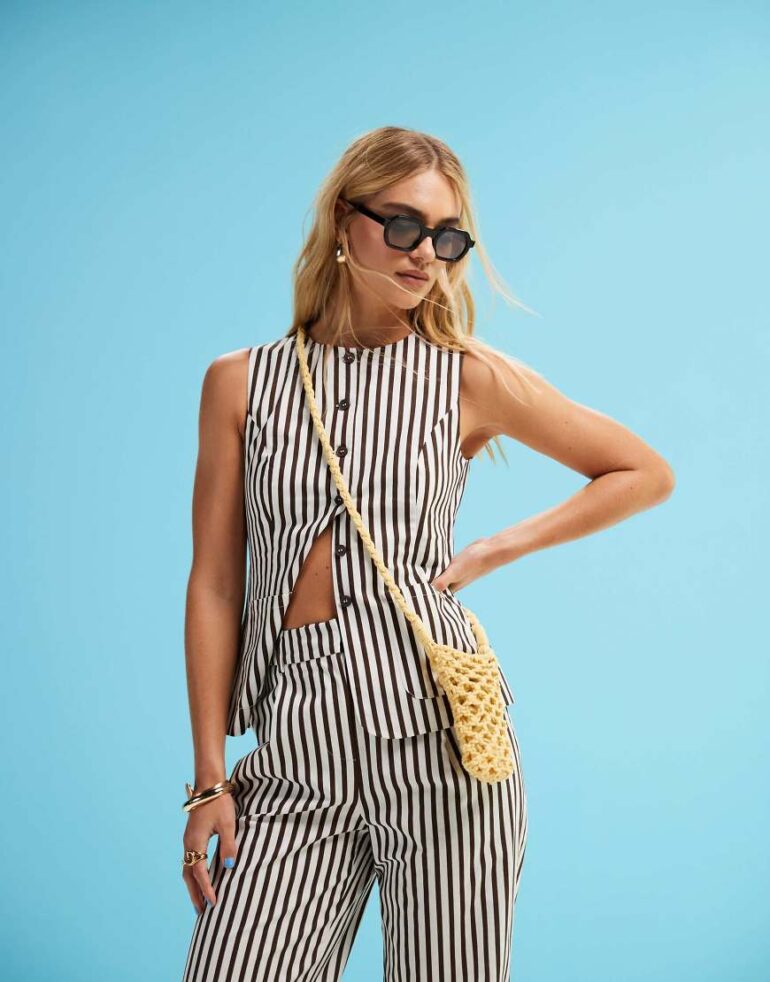 4th & Reckless tailored button through waistcoat top co-ord in brown stripe-Multi