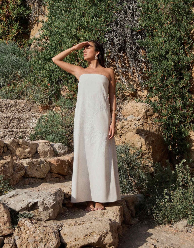 4th & Reckless x Luana Barron contains linen bandeau trapeze sun embroidery maxi dress in cream-White