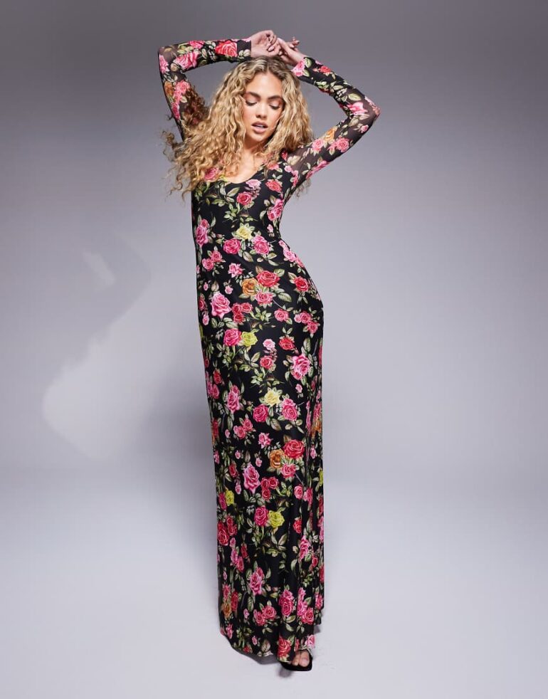 AFRM Ruby long sleeve plunge maxi dress in wallpaper rose print-Multi