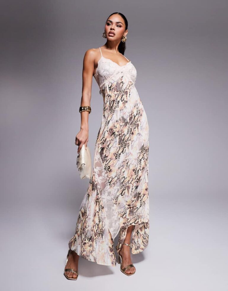 AFRM Vince lace trim cami maxi dress in snake print-Multi