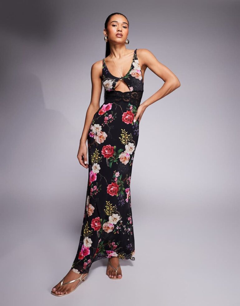 AFRM lace cut out maxi dressi n black summer rose print