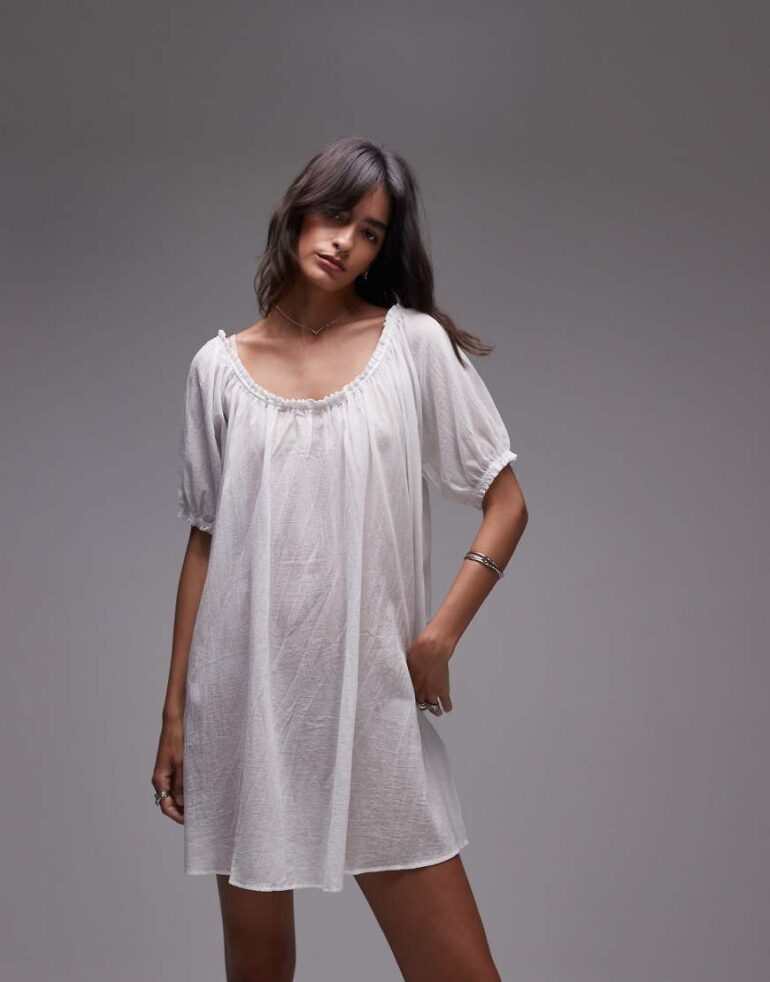 ARKET sheer voile mini beach dress with puff sleeves in white