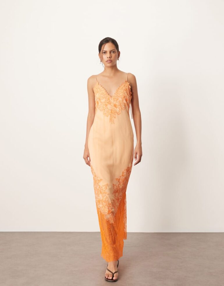 ARRANGE applique embroidered lace panelled cami maxi dress in peach-Orange