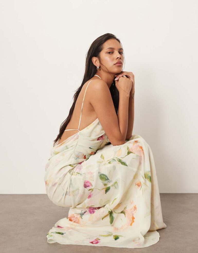 ARRANGE backless chiffon draped maxi dress in layered painterly floral-Multi