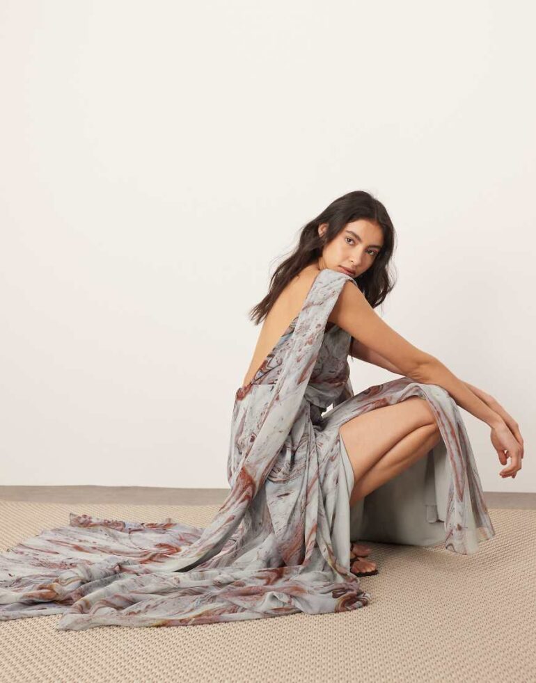 ARRANGE chiffon drape maxi dress with scarf detail in blue marble print-Multi
