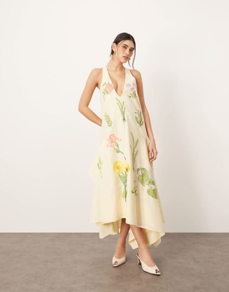 ARRANGE cotton floral embroidered plunge midi dress in buttermilk-Yellow