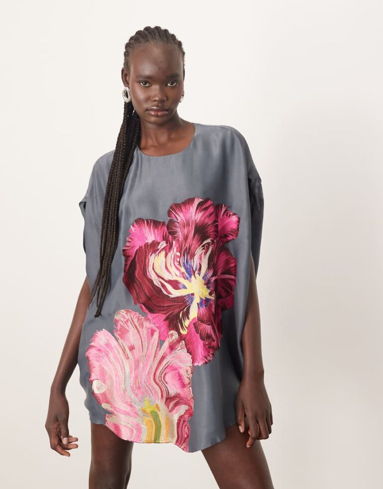 ARRANGE distorted floral embroidered cocoon mini dress in charcoal-Grey