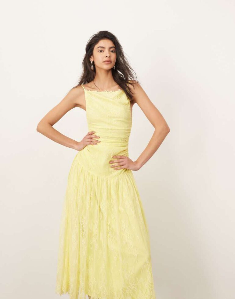 ARRANGE lace ruched dropped waist midi dress in lemon-Yellow