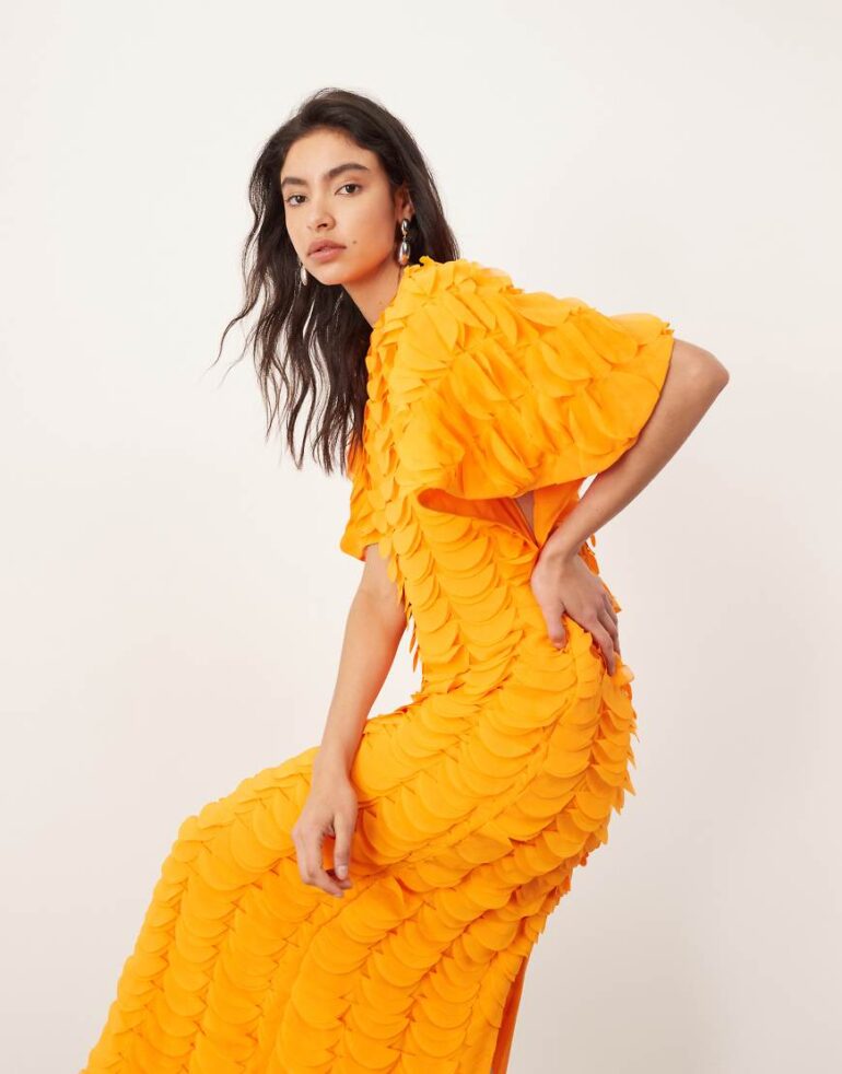ARRANGE laser cut flutter sleeve maxi dress in orange