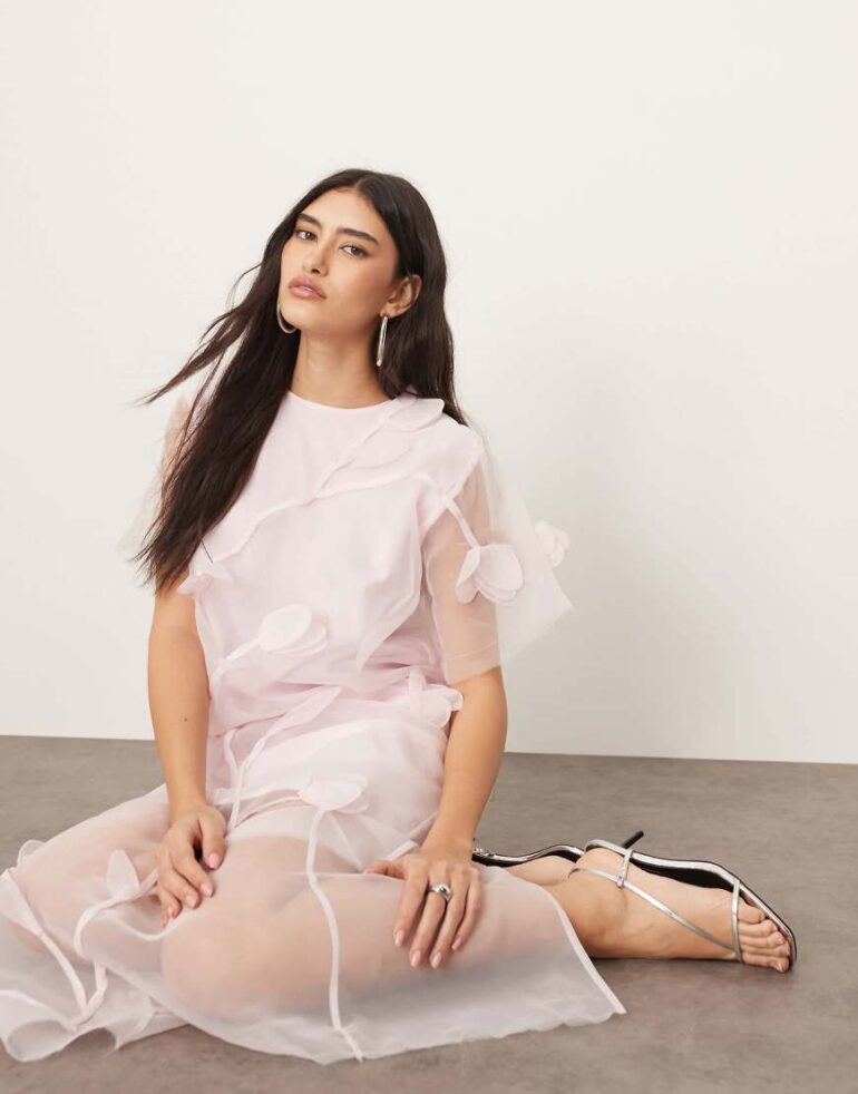 ARRANGE organza floral applique maxi dress in light pink