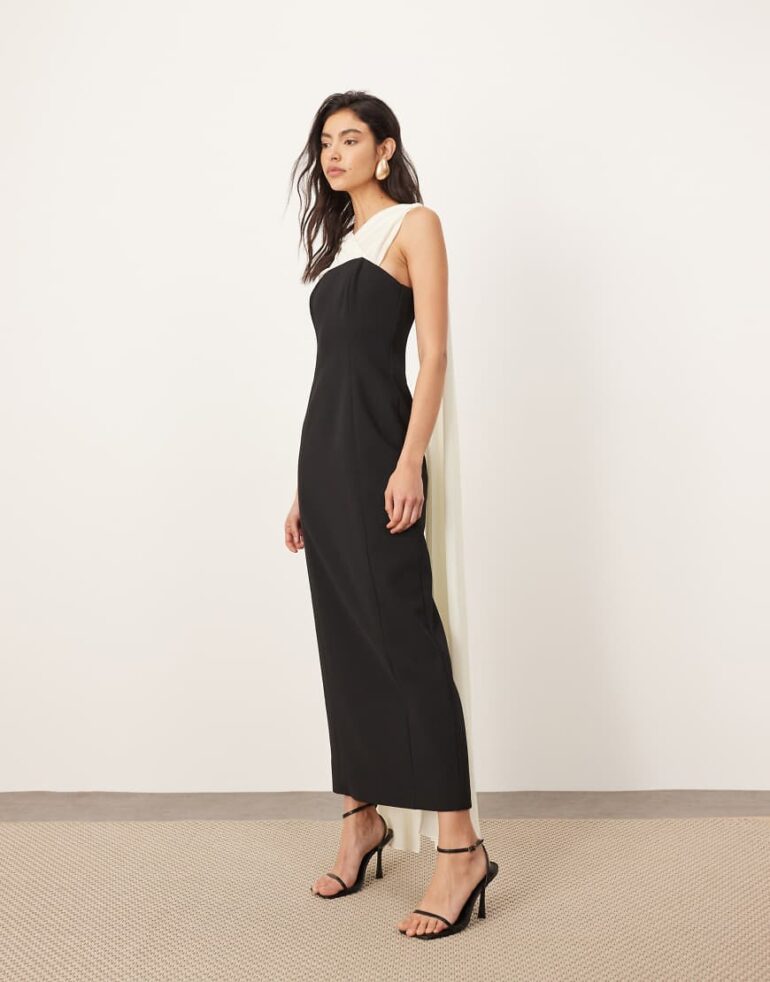 ARRANGE structured maxi dress with chiffon drape in mono-Black