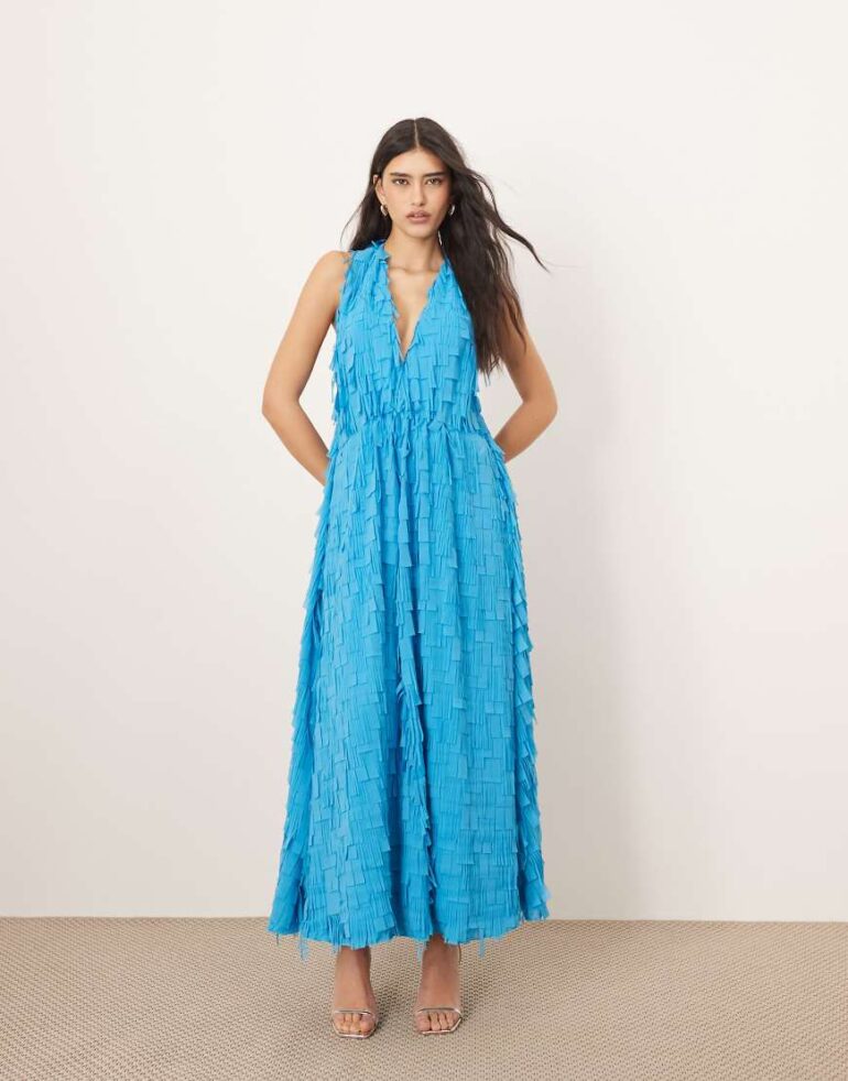 ARRANGE textured laser cut halterneck trapeze maxi dress in blue