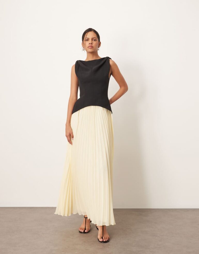 ARRANGE twist shoulder pleat skirt hybrid maxi dress in contrast black and buttermilk-Multi