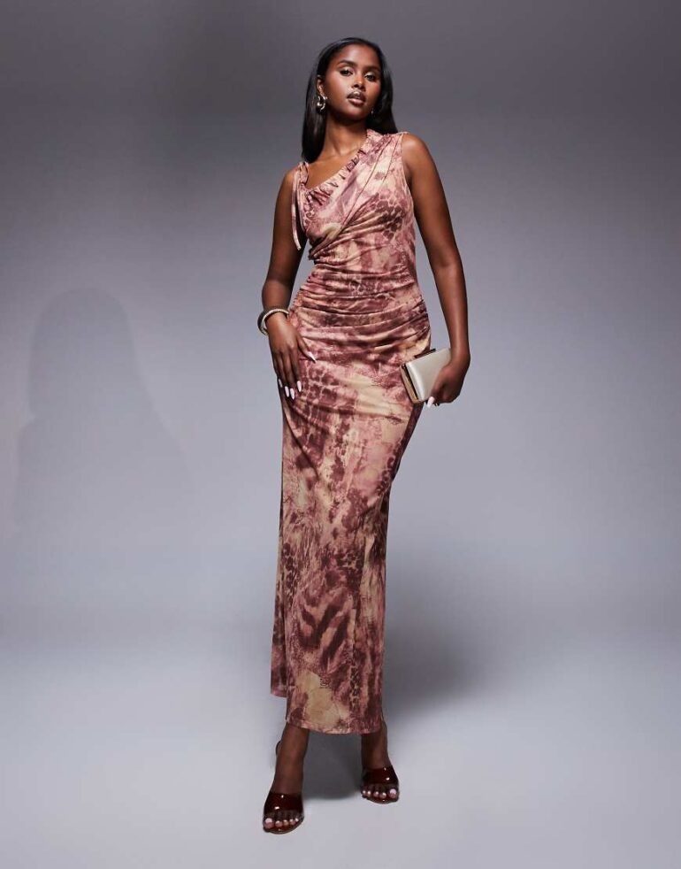 ASOS DEISGN printed mesh one shoulder draped maxi dress in animal floral mix print-Multi