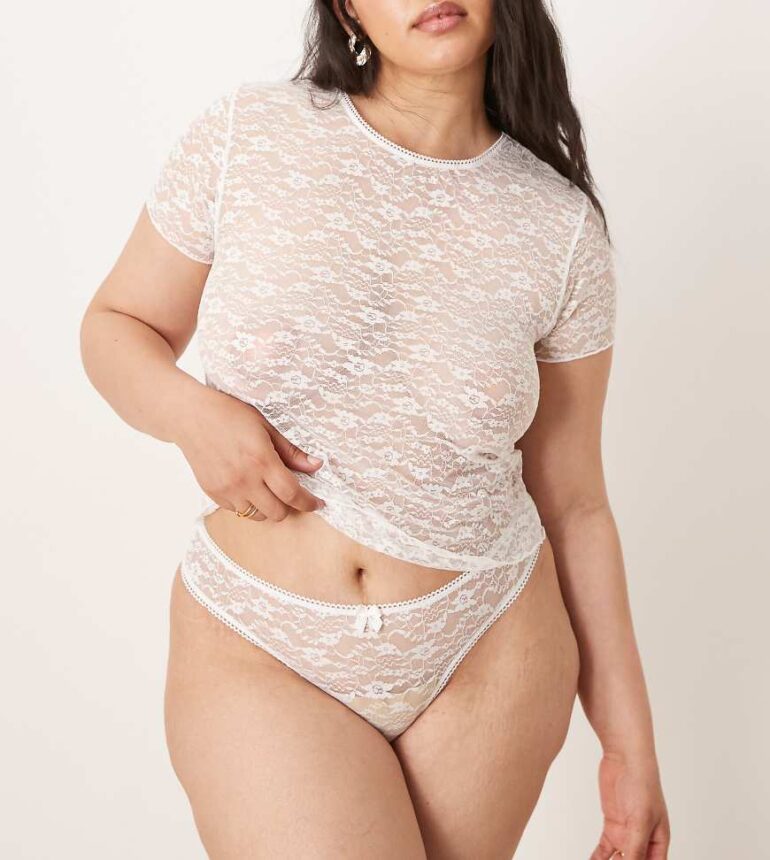 ASOS DESIGN Curve Charlie lace baby tee and thong set in white