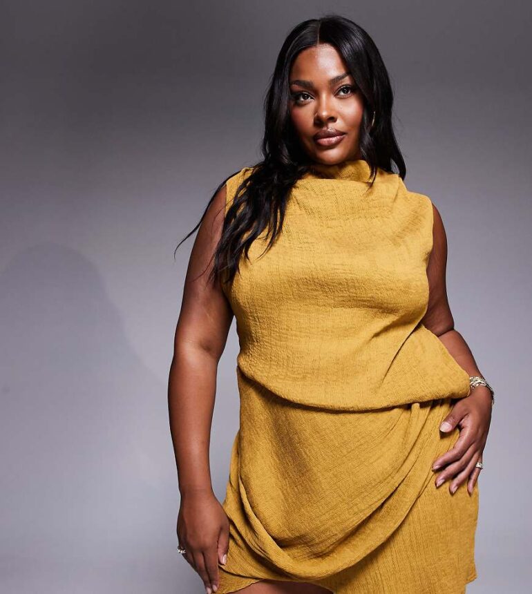ASOS DESIGN Curve asymmetric drape mini dress in bronze mist-Yellow