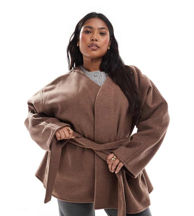 ASOS DESIGN Curve belted collarless formal coat in mushroom-Brown