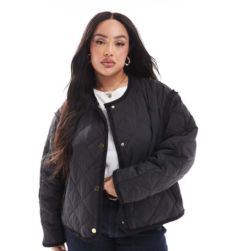 ASOS DESIGN Curve boucle collarless quilted jacket in black