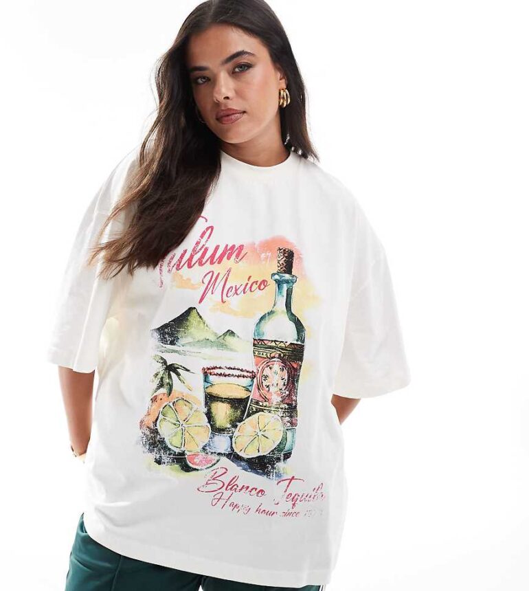 ASOS DESIGN Curve boyfriend fit t-shirt with tequila drink tulum graphic in cream-White