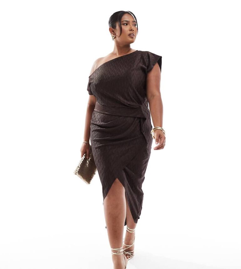 ASOS DESIGN Curve chevron plisse high neck midi dress with cowl back in chocolate-Grey