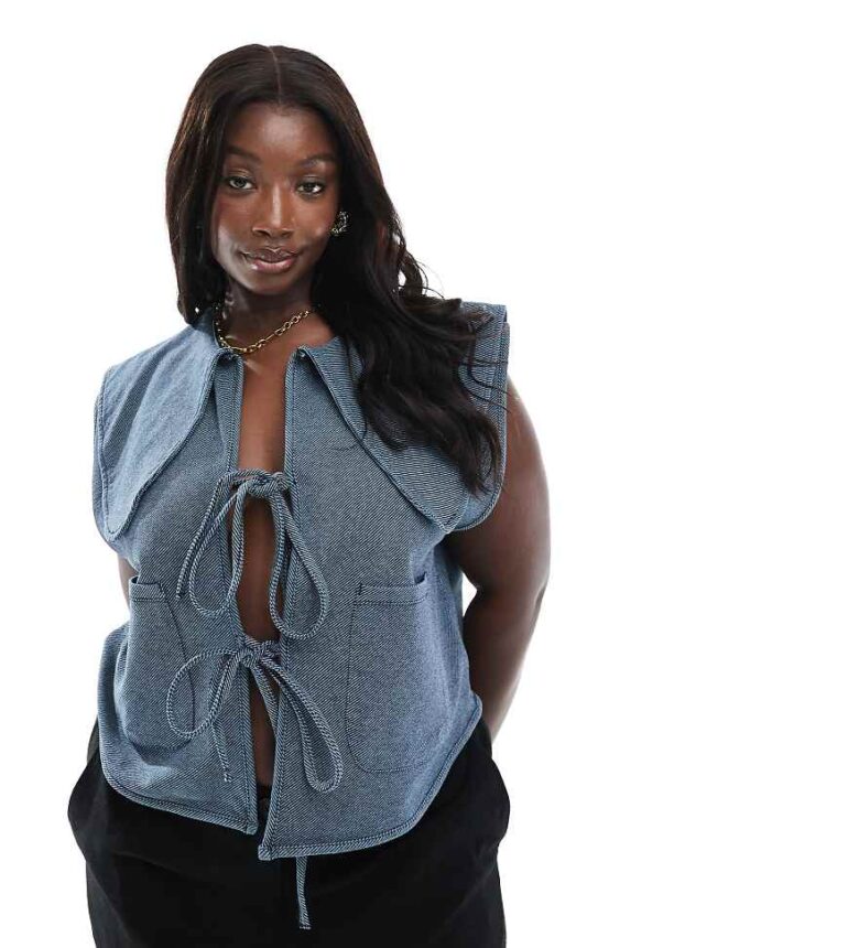 ASOS DESIGN Curve denim look peter pan collar waistcoat with tie front-Blue