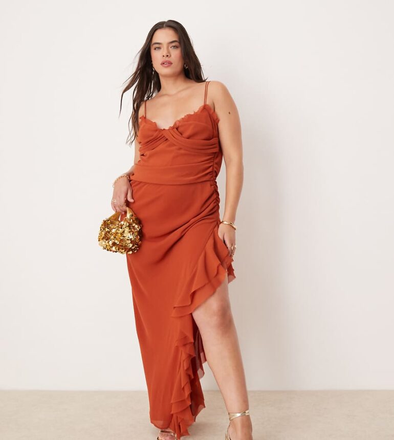 ASOS DESIGN Curve draped crinkle maxi dress with ruffles and strappy details in rust-Red