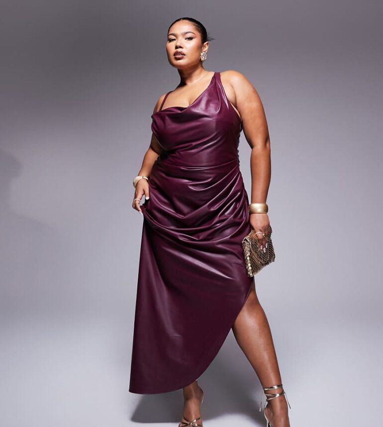 ASOS DESIGN Curve draped one shoulder PU cami wrap midi dress in burgundy-Red