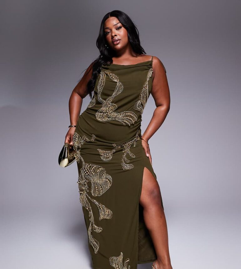 ASOS DESIGN Curve draped skirt overlay maxi dress with dropped waist and embellishment in khaki-Green