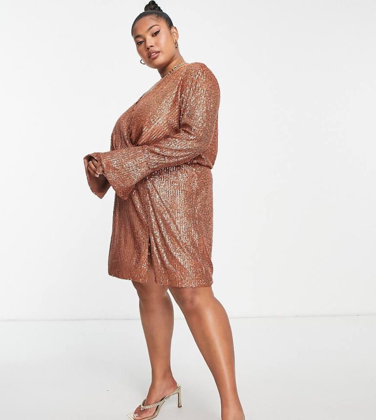 ASOS DESIGN Curve embellished drape detail mini dress with button detail in gold