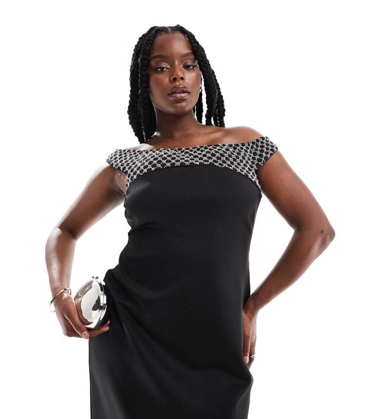 ASOS DESIGN Curve embellished panel bardot midi dress in black