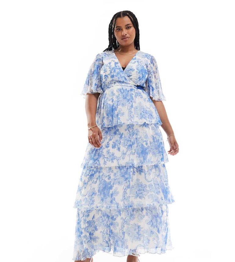 ASOS DESIGN Curve exclusive kimono sleeve maxi dress with tiered skirt in pleat in blue floral print-Multi