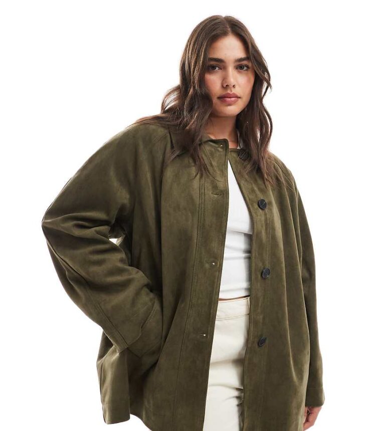 ASOS DESIGN Curve faux suede car coat in olive-Green
