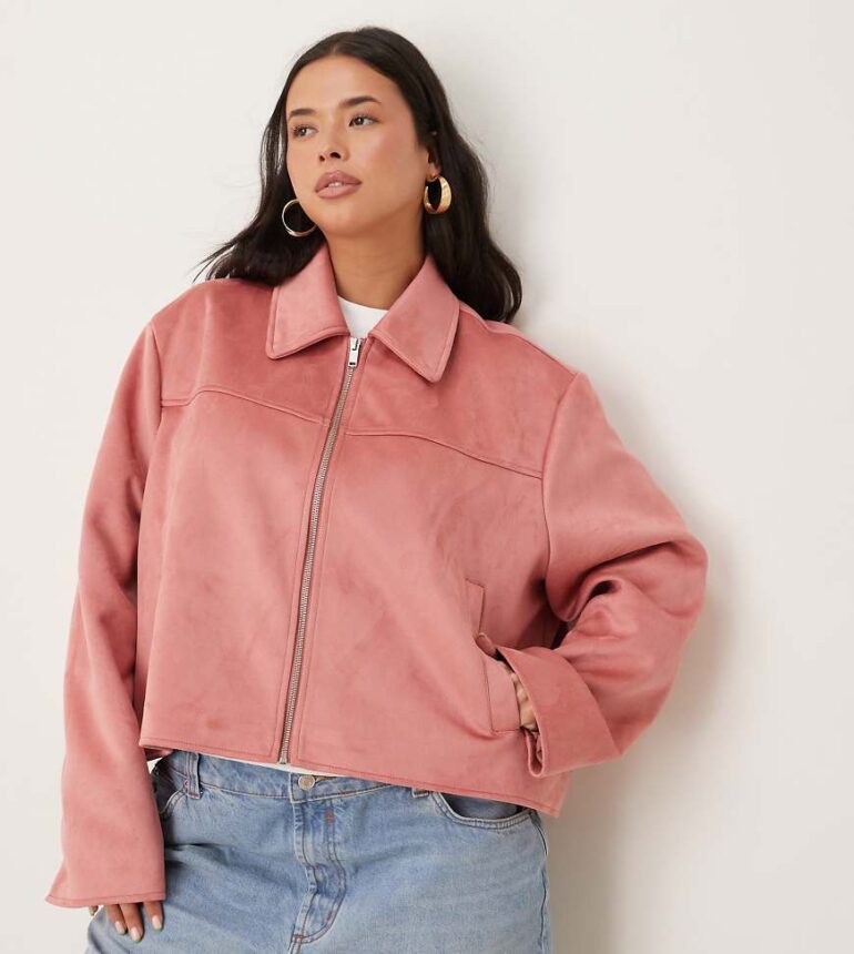 ASOS DESIGN Curve faux suede top collar jacket in dusty rose-Pink
