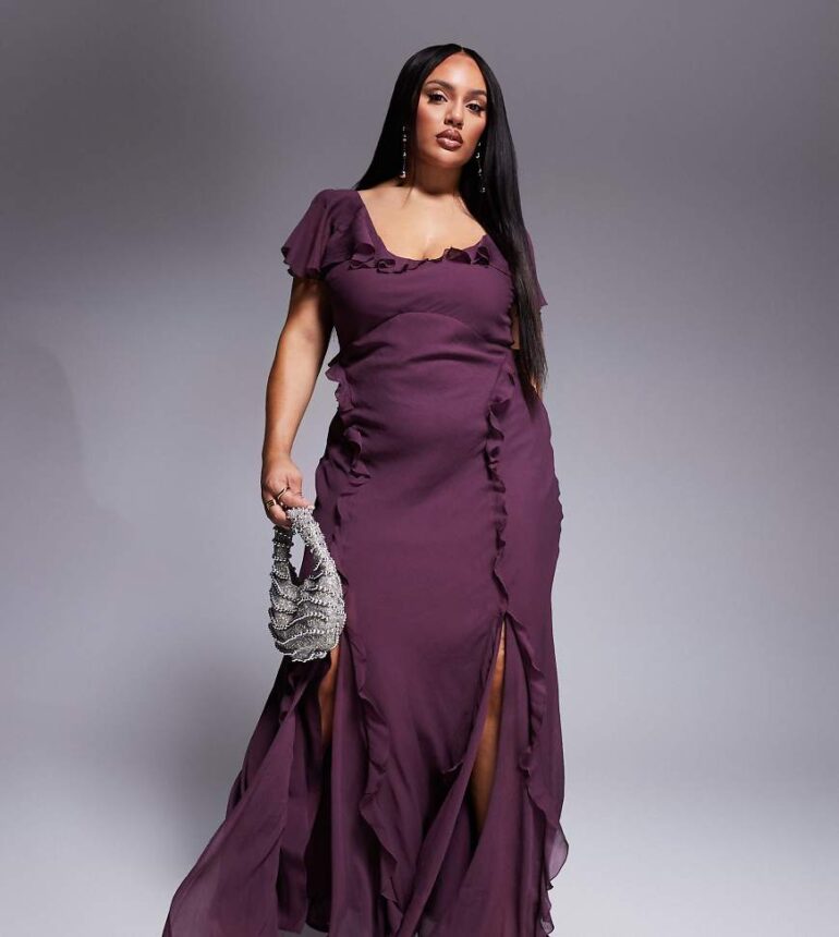ASOS DESIGN Curve flutter sleeve ruffle godet maxi dress in aubergine-Purple