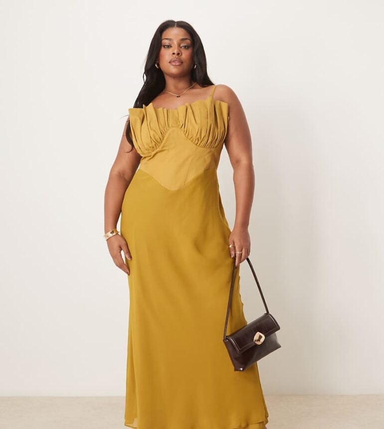 ASOS DESIGN Curve hybrid corset bias midaxi dress in ochre-Yellow