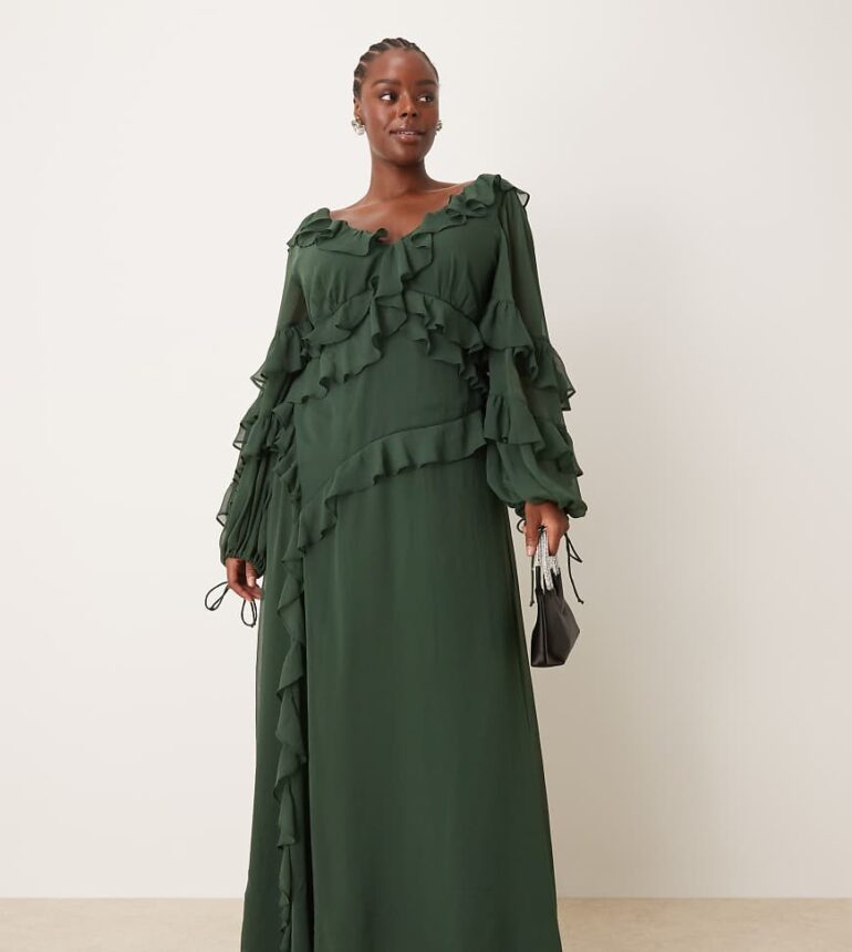 ASOS DESIGN Curve long sleeve ruffle asymmetric maxi dress in forest green