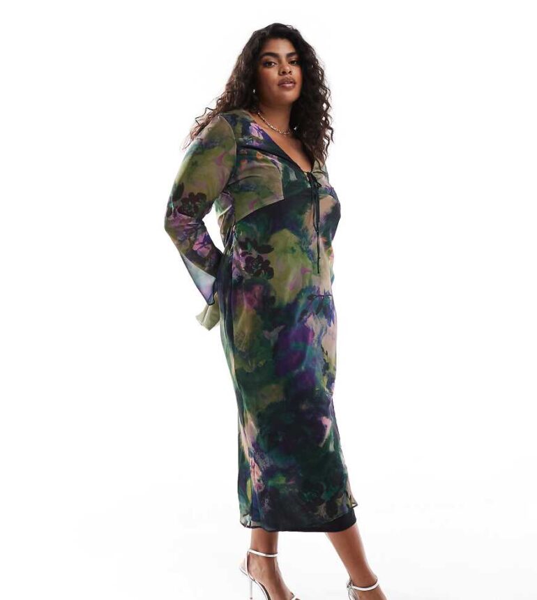 ASOS DESIGN Curve long sleeve tie front midi dress with bias skirt in floral grunge-Multi