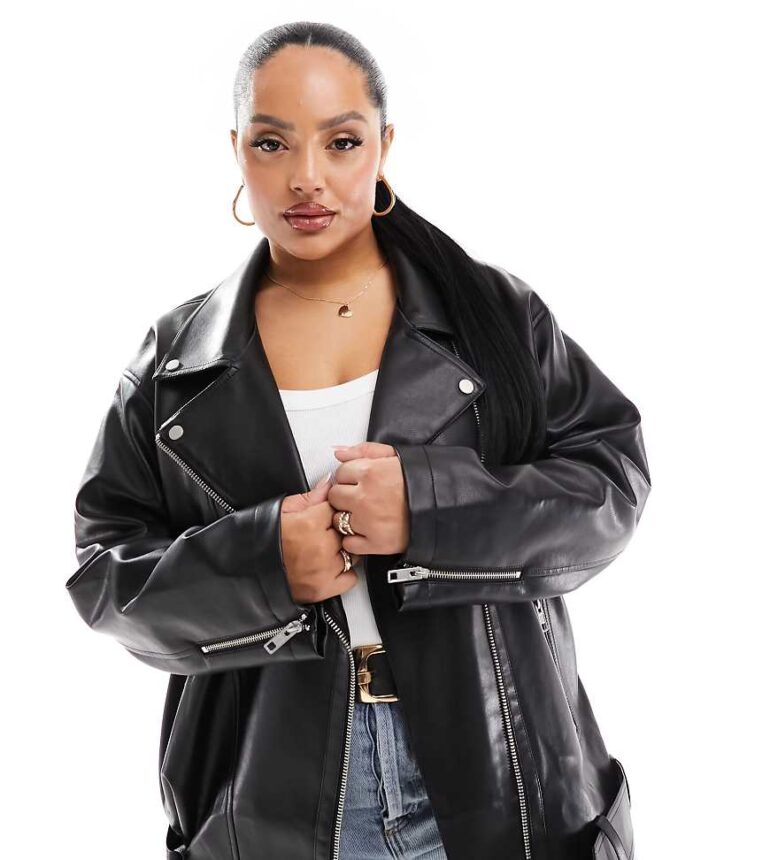 ASOS DESIGN Curve longline oversized faux leather biker jacket in black