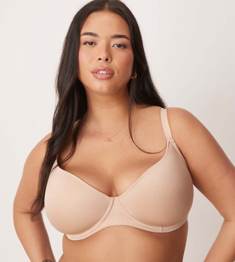 ASOS DESIGN Curve moulded t-shirt bra in beige-Neutral