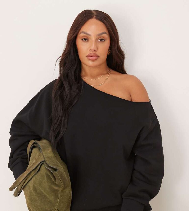 ASOS DESIGN Curve off shoulder brushback sweatshirt in black