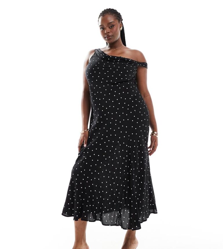 ASOS DESIGN Curve one shoulder strap midi slip dress in mono spot-Multi