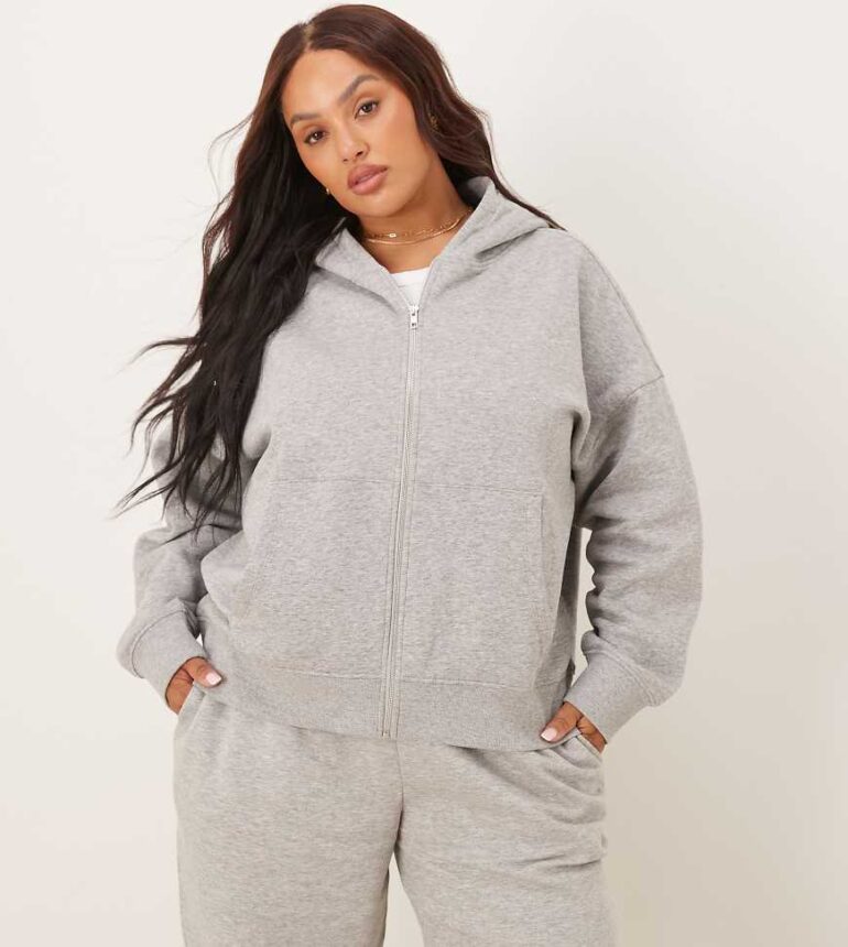 ASOS DESIGN Curve oversized zip through brushback hoodie in grey marl