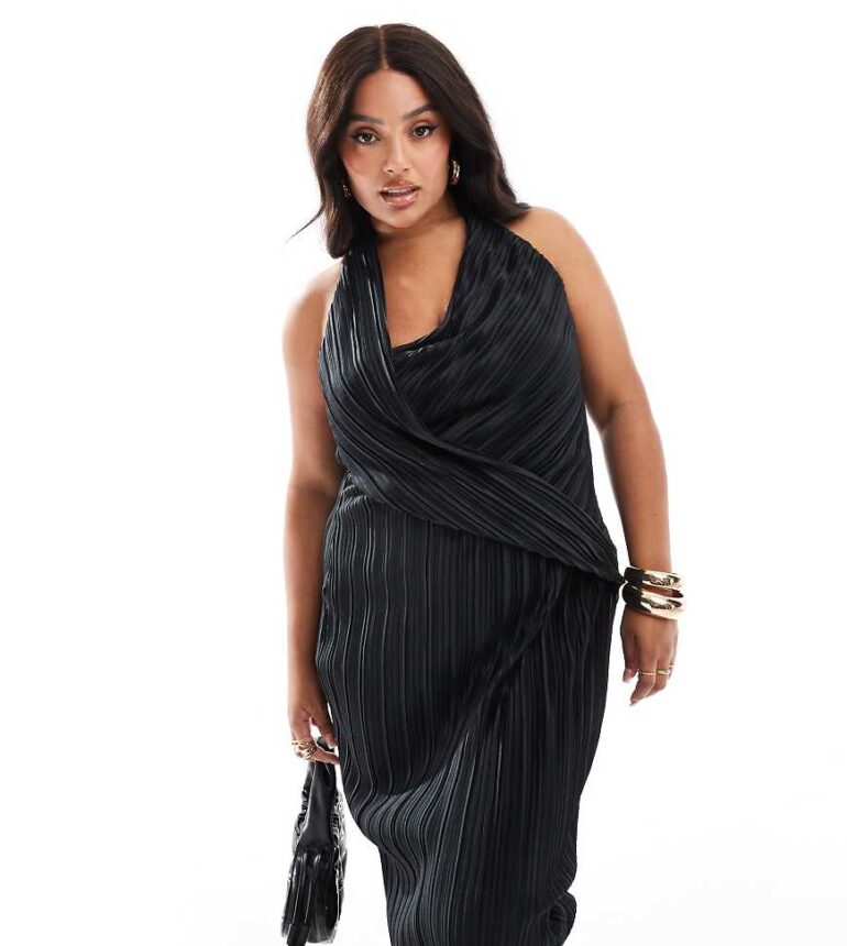 ASOS DESIGN Curve plisse wrap around neckline midi dress in black