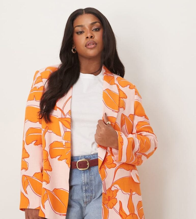 ASOS DESIGN Curve relaxed blazer with linen in palm print-Multi