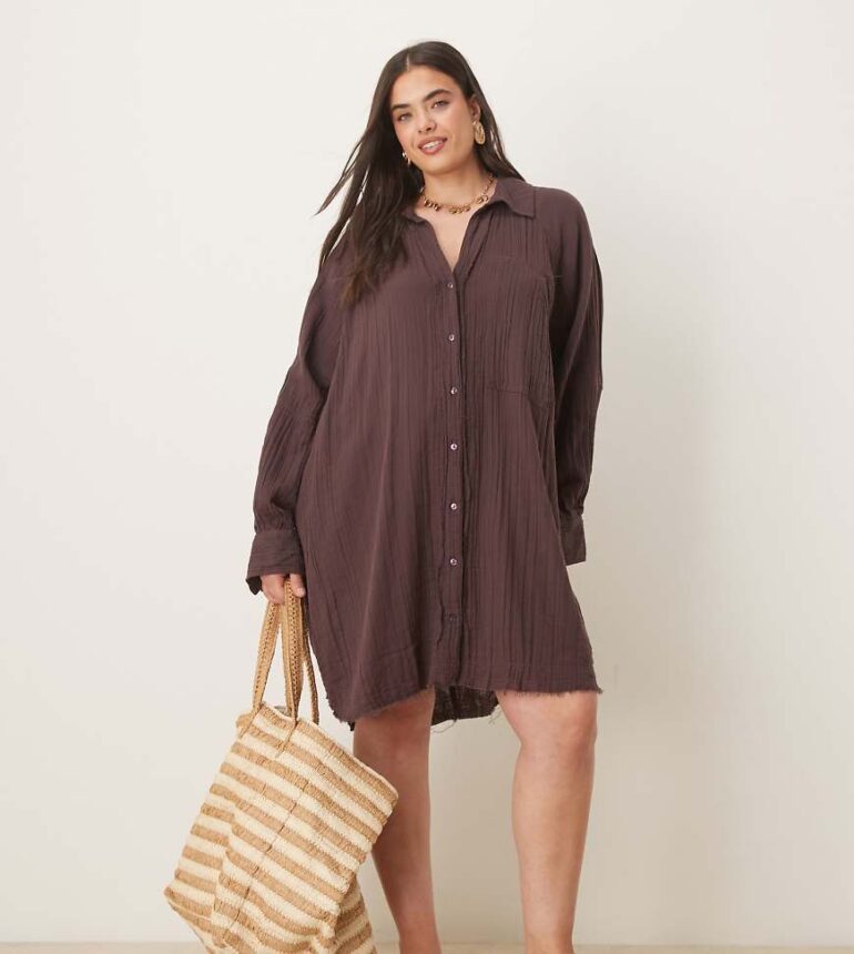 ASOS DESIGN Curve relaxed laundered shirt mini dress in washed chocolate-Multi