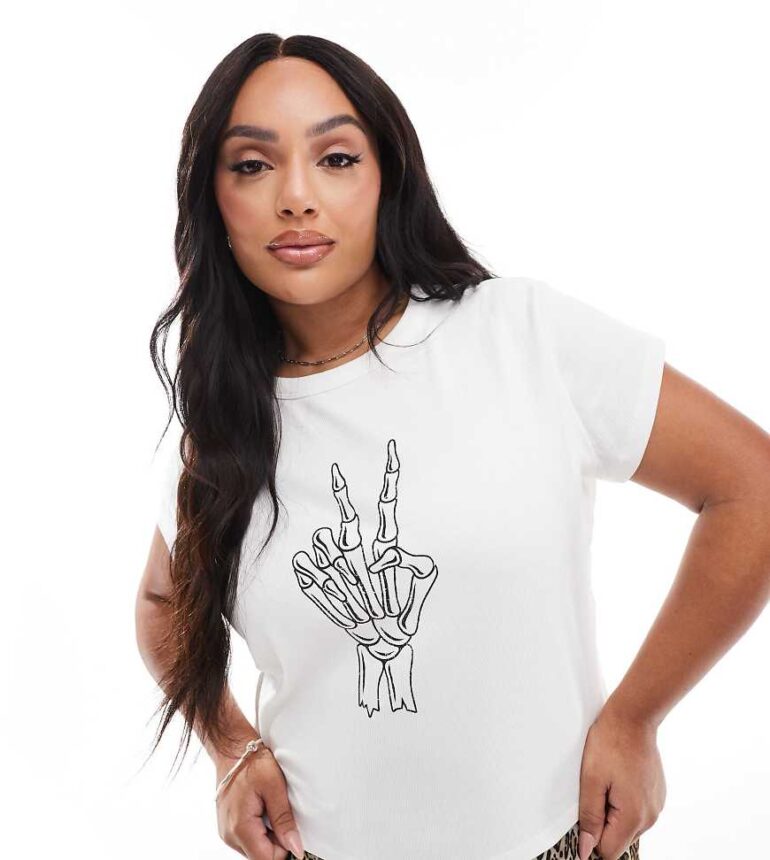 ASOS DESIGN Curve rib baby tee with skeleton peace sign graphic in cream-White